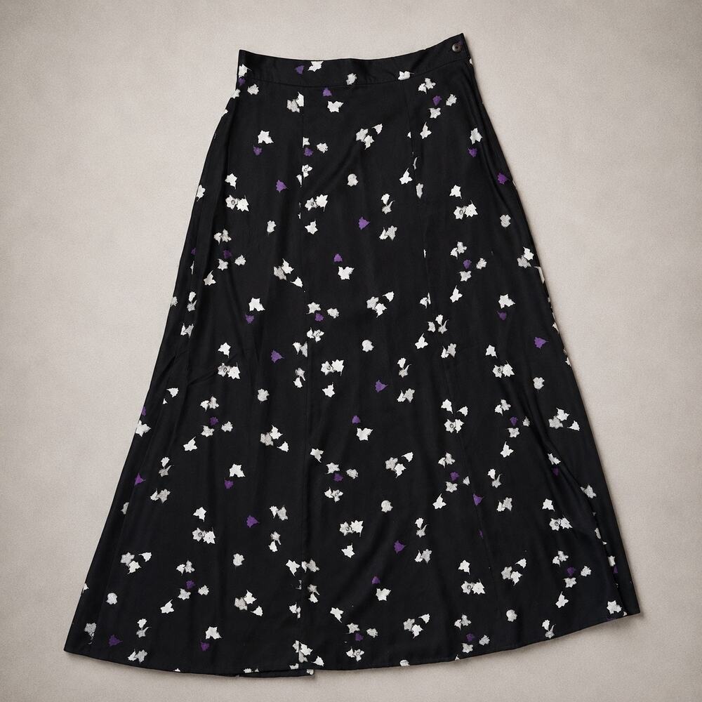 Vintage Black Floral A-Line Maxi Skirt | Purple & Ivory Print | Women’s Size 6